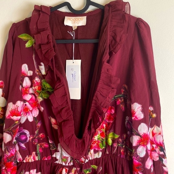 ROCOCO SAND Claret Silk Floral Patch Embroidered Dress Wedding Guest - Picture 6 of 14